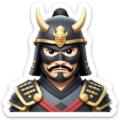 clash-of-clans-aesthetic_-cinematic-fearsome-and-majestic-samurai-bust-portrait-emoji, rendered in a flat, vector-style with minimal shading and bold, simplified shapes typical of emoji art, depicting a battle-hardened samurai with black mask and traditional black Japanese armor. The samurai is riding a noble grey warhorse adorned with an intricately designed saddle and fluttering banners and a rising sun. a samurai on a   horse sticker