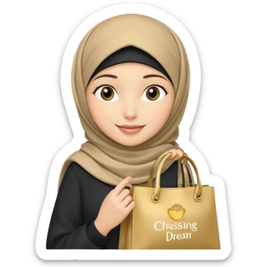 iOS 18 emoji beautiful smiling hijabi girl with striking hijab, carrying tote bag featuring 'keep chasing your dream' in soft gold color text sticker
