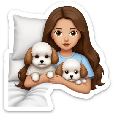Olive skin girl with long brown hair in bed with 3 WHTE bichon frise's sticker