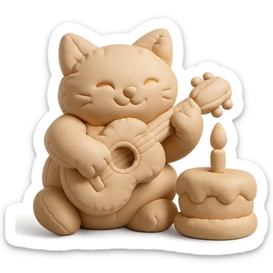 cat playing guitar next to a cake, cushion style sticker