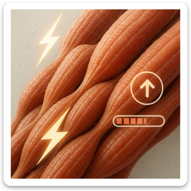hyper realistic image of fast-twitch muscle fibers, expanded and hypertrophic structure, symbols of energy and growth like lightning bolts and progress bars, anatomical details, clinical atmosphere, neutral background sticker