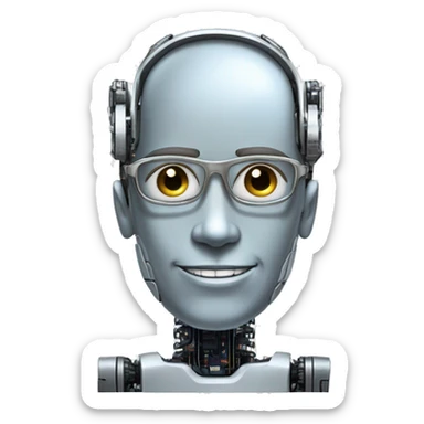 Robotic Cyborg head with fair skin, flat top haircut, rectangular glasses, circuits and smiling  sticker