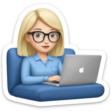 A girl is working with a laptop while lying horizontal on the sofa sticker