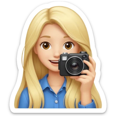 blonde girl photographer cartoon taking picture in middle of taking picture camera in front of face long hair smiling funny flash professional camer sticker