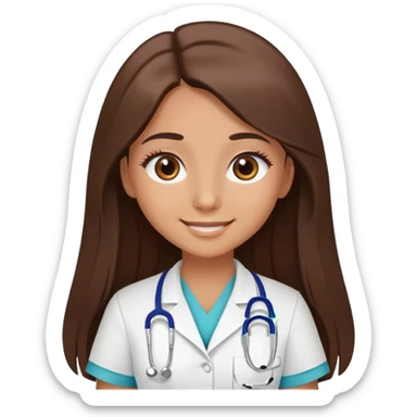 An student of nurse with an chocolat brown straight long hair,  also brown big eyes with lashes, skin like latina, and smile sticker