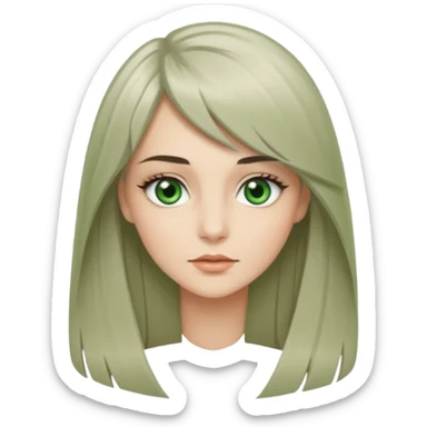 женщина с зелёными глазами, красивыми бровями, серо-бежевыми длинными волосами, подстриженных каскадом, с асимметричным пробором, прямой чёлкой sticker