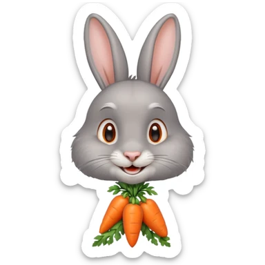 Grey rabbit, holding a carrot, grinning with joy
 sticker