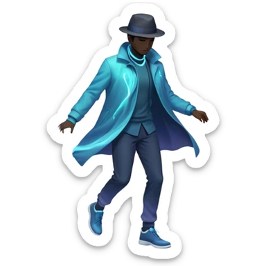 Male silhouette with flowing energy aura around it and small style elements like hat, jacket and shoes orbiting around, ethereal masculine style inspiration sticker