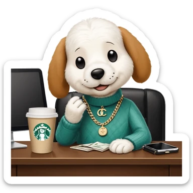 snoopy in a desk with starbucks and his chanel purse sticker