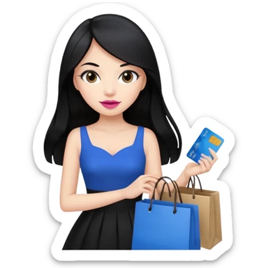 Girl with long black hair, pink lipstick, brown eyes holding shopping bags and blue credit card and wearing a black dress  sticker