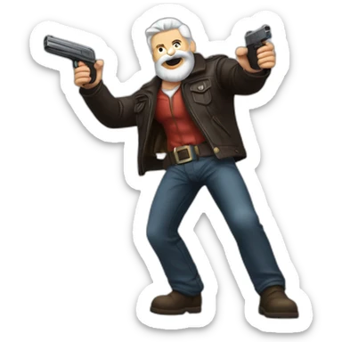 biff wiff santa beard wearing a leather jacket (full body, ios17)strandling a man and holding a pistol pointing it down at the head of a man laying on the ground sticker
