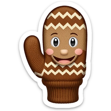 thumbs up fist in brown knit mitten with zig-zag beige pattern, no face sticker