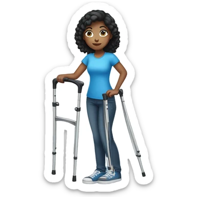 Black hair girl with blue eyes standing on crutches  sticker