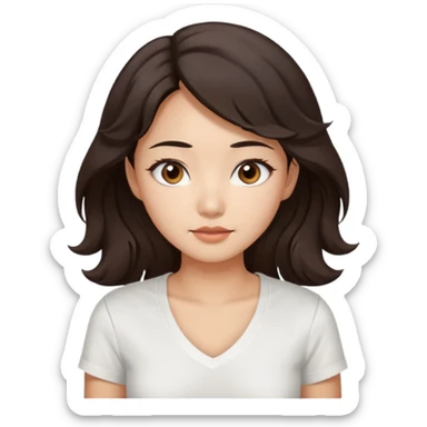 iOS style emoji. A girl with very long dark brown wavy hair. And the eyes color is dark brown. And she is wearing white t shirt with V kneck. And she is 30. She is Asian with double eyelids  sticker