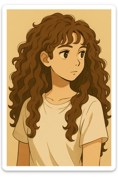 Make the hair much longer, with 3b-3c brown hazelnut curls, keeping the same style and expression, upper body, plain background, in a style consistent with the original images. sticker