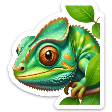 cinematic cute-smiling baby chameleon-realistic emoji,-blending-with-vibrant-greenery.-detailed-scales-in-shifting-colors,-showing-the-chameleon’s-ability-to-camouflage.-soft-natural-light-highlights-its-texture.-light-background, zoomed into its face sticker