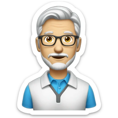 senior software engineer with gray hair including goatee, blue eyes with glasses, wearing a polo shirt.  sticker