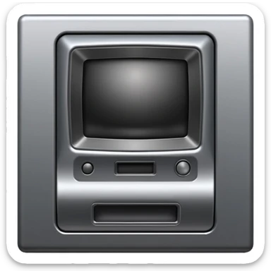 Minimal emoji icon of a modern metallic studio monitor, front view, detailed geometry, dark metallic body, subtle highlights, isolated sticker