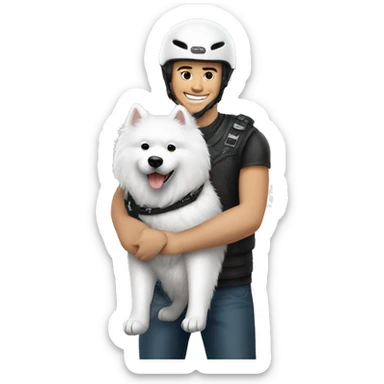 helmet biker hugging a white Samoyed sticker