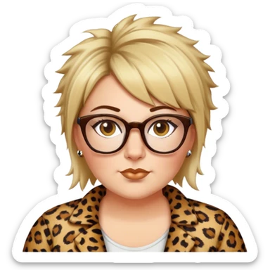  plus size white women dressed in leopard with short medium brown and blonde shaggy spiked hair wearing glasses with hazel color eyes and flat nose sticker