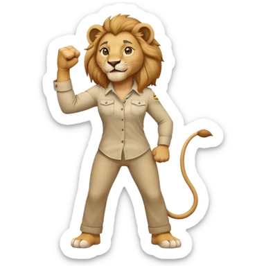 friendly anthropomorphised female lion in a shirt and pants doing a fist pump sticker