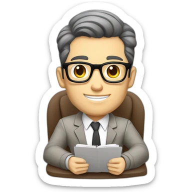 Pale skinned Fit Man With dark brown hair in gray jacket, beige office shirt and vintage glasses sitting In a soft chair with a notebook with emblem Ψ and a pen in his hands sticker