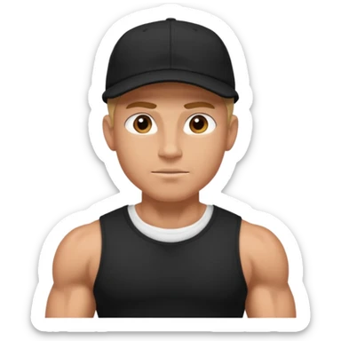 An arrogant guy in a black t-shirt, he is muscled and has a cap  sticker