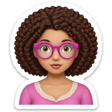 medium-light kinned afro-latina girl with medium length chocolate brown side part curly hair, brown eyes, pink sweetheart necklined top with lace, round wide-ish nose, chubby oblong shaped face, brown glasses sticker
