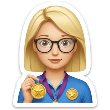 Describe a blonde woman wearing glasses with a gold medal sticker