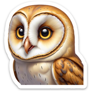 Cinematic Comical Barn Owl Portrait Emoji, Head tilted dramatically with an exaggeratedly amused expression, featuring a striking mottled plumage with bold contrasts, wide, expressive amber eyes filled with playful disbelief, Simplified yet hilariously expressive features, highly detailed, glowing with a slightly sassy glow, high shine, dramatic yet playful, stylized with an air of cheeky nocturnal mischief, bright and endearing, soft glowing outline, capturing the essence of a spirited and over-the-top owl, so meme-worthy it feels like it could hoot its way into internet fame instantly! sticker