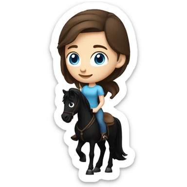 Girl with white skin, blue eyes and brown hair riding a Black horse with long mane and dark eyes. We see them from the side, they are causally walking sticker