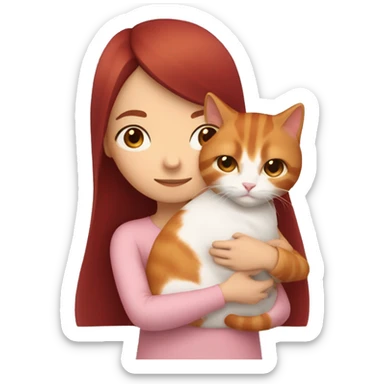 girl with long very dark red hair and dark brown eyes and light pink outfit hugging a white & ginger cat  sticker