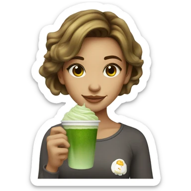Beautiful girl with brawn hair holding cup of iced matcha  sticker
