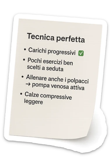 FOGLIO DI CARTA PER L'ALLENAMENTO IN PALESTRA CON LA SCRITTA "Tecnica perfetta
 ✅ Carichi progressivi
 ✅ Pochi esercizi ben scelti a seduta
 ✅ Allenare anche i polpacci → pompa venosa attiva
 ✅ Calze compressive leggere" , IPERREALISTICA 4K sticker