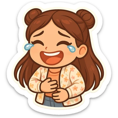 Create a chibi sticker of the girl from the reference image laughing to tears, holding her stomach. She has brown straight hair styled in double buns, brown eyes, wearing a pastel floral cardigan and jeans. The sticker should have a white outline and a transparent background, sized 512x512px. sticker