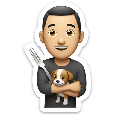 Chinese man with knife and fork smiling with dog sticker