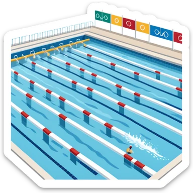 An icon featuring an Olympic swimming pool with multiple lanes and swimmers racing side by side. Splashes and lane dividers highlight the competition atmosphere. Transparent background emphasizes the energy, speed, and intensity of professional swimming events. sticker