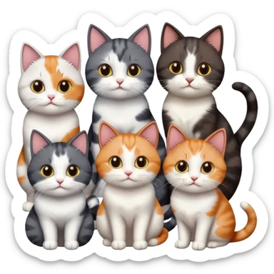5 different coloured short haired cats including; a dark brown and white cat, and a dark grey and white, and a calico sticker