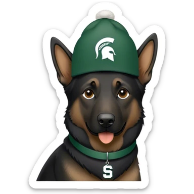 Black German shepherd wearing a Michigan state spartan hat sticker