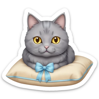 A grey cat with yellow eyes and a light blue bow sits on a beige pillow



 sticker