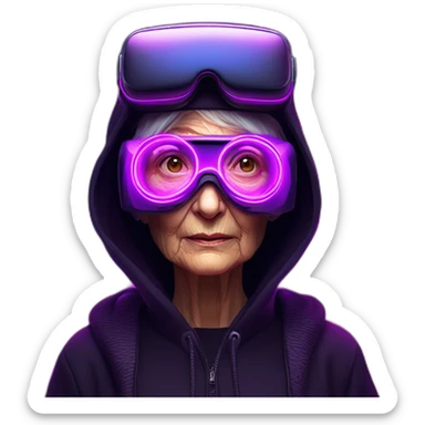 Russian old woman wearing a black hoodie with "OMG" letters on it and VR headset in a cyberpunk VR environment with violet neon lighting. sticker