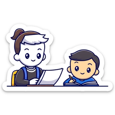 Focused student with pen and notebook, ear tilted toward teacher, learning sticker