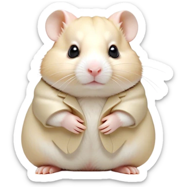 Cinematic Noble Cream Hamster Portrait Emoji, Poised and regal, with a tiny, compact build and a smooth, pristine cream coat, deep-set soulful dark eyes, Simplified yet sharp and sophisticated features, highly detailed, glowing with a soft, dignified glow, high shine, intelligent and energetic, stylized with an air of miniature elegance, focused and attentive, soft glowing outline, capturing the essence of a watchful and confident rodent, so majestic it feels as though it could scurry out of the screen with effortless authority! sticker