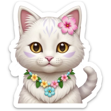 A cute cat with hawaiian pastel flower necklace, posing proudly. sticker