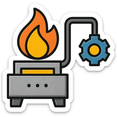 Add metallic elements to the forge engineered industrial flame icon, keep color outline icon style, modern, clean, black outlines with color accents, with no background sticker