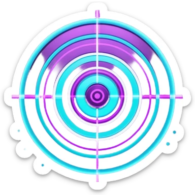 Futuristic glowing bullseye target emoji, neon purple and cyan holographic glow, dark background, digital tech style, abstract sparkles, no face. sticker