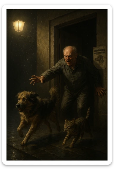 Un uomo anziano in tuta da lavoro, con espressione arrabbiata, butta fuori i suoi animali con aperta la porta di casa mentre il suo cane (un meticcio a pelo lungo) e il gatto (soriano) scappano nella strada buia sotto la pioggia. Particelle di polvere/pulci fluttuano nell'aria illuminata dal lampione. Sullo sfondo, un poster strappato del veterinario con scritto 'Prevenzione antiparassitaria'. Stile fotorealistico, illuminazione Caravaggesca, toni grigi e ocra. in italiano sticker