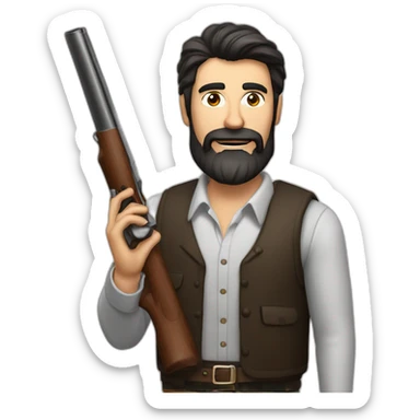 dark-haired bearded man drunk with a big shotgun and cigar sticker