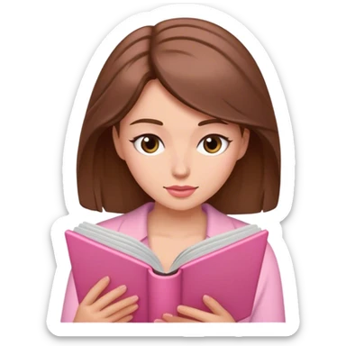 a brown haired, fair skinned female reader reading a pink romance novel sticker