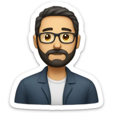 A man with dark hair, beard anda glasses, who is sad because people don't use google sticker